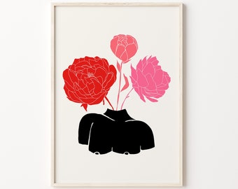 Woman Bust Vase With Peonies Printable Art Modern Nude Sculpture Art Print Pink Red Peony Floral Wall Art Flowery Colourful Digital Poster