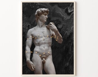 David Party Lights Printable David Statue Funny Edit Wall Art Classic Sculpture Nude Poster Holidays Party Lights Dark Collage Art Print
