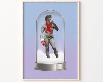 David In A Snowglobe Printable Xmas Sculpture Pastel Wall Art Funny Christmas Digital Poster Christmas Scarf Glove Holly Plant Art Print