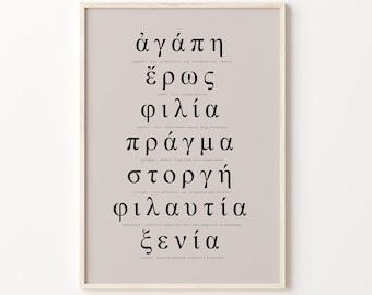 Greek Words For Love Printable Greek Language Typography Wall Art Agape Eros Philia Quote Poster Neutral Beige Print Greece Travel Memories