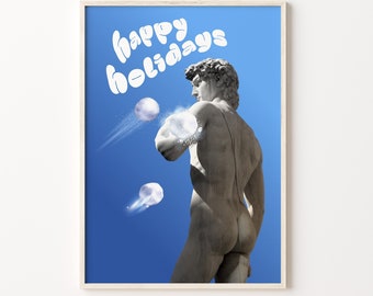 David Snow Battle Printable Art Happy Holidays Poster David Sculpture Blue Sky Snowball Wall Art Funny Statue y2k Aesthetic Digital Print