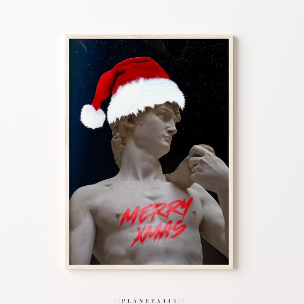 David Santa Hat Printable Art Merry Xmas David Sculpture Wall Art Funny Statue Digital Poster David Christmas Night Happy Holidays Art Print