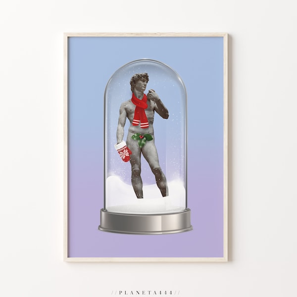 David In A Snowglobe Printable Xmas Sculpture Pastel Wall Art Funny Christmas Digital Poster Christmas Scarf Glove Holly Plant Art Print