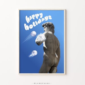 David Snow Battle Arte stampabile Buone vacanze Poster David Scultura Cielo blu Palla di neve Wall Art Statua divertente y2k Stampa digitale estetica