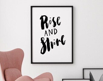 Rise And Shine Printable Poster, Modern Decor Digital Art, Modern Minimalistic Wall Print, Rise And Grind Typographic Black White Artwork