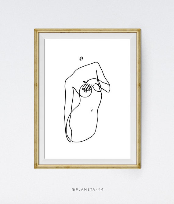 Linear Female Body Printable, Abstract Nude Digital Print, Single Line  Sketch Female Statue, Covering Breasts Drawing Art, Sexual Pose Art 