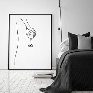 Female Hand Holding Wine Glass Printable, Line Art Print, Feminine Wall Art, Wine Lovers Artwork, Woman Body Linear Art, Wine Glass Prints