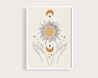 Hands Holding Universe Printable Art Moon Stars Sun Hands Line Art Poster Celestial Lunar Drawing Digital Art Print Mystical Magic Hands Art