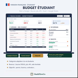 May include: A digital student budget tracker interface displayed on a screen, featuring tables for income, expenses, and savings goals. The dashboard includes categories like rent, food, and transport, with text in French, labeled 'BUDGET ÉTUDIANT' and 'DashFlowCo'.