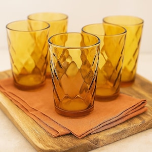 Vintage Amber Glass Tumblers: 1960s Anchor Hocking Diamond Barware, Set of 6