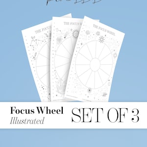 May include: A set of three illustrated Focus Wheel printables, featuring celestial designs on white paper. Each sheet has a circular diagram with numbered sections and cosmic illustrations. Text includes "Abraham Hicks processes", "Focus Wheel Illustrated", and "Set of 3".