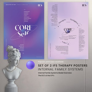 May include: Set of two IFS therapy posters with Internal Family Systems model overview. The posters have a purple and white color scheme with text that reads "Core Self". A white bust and candle are on a table.