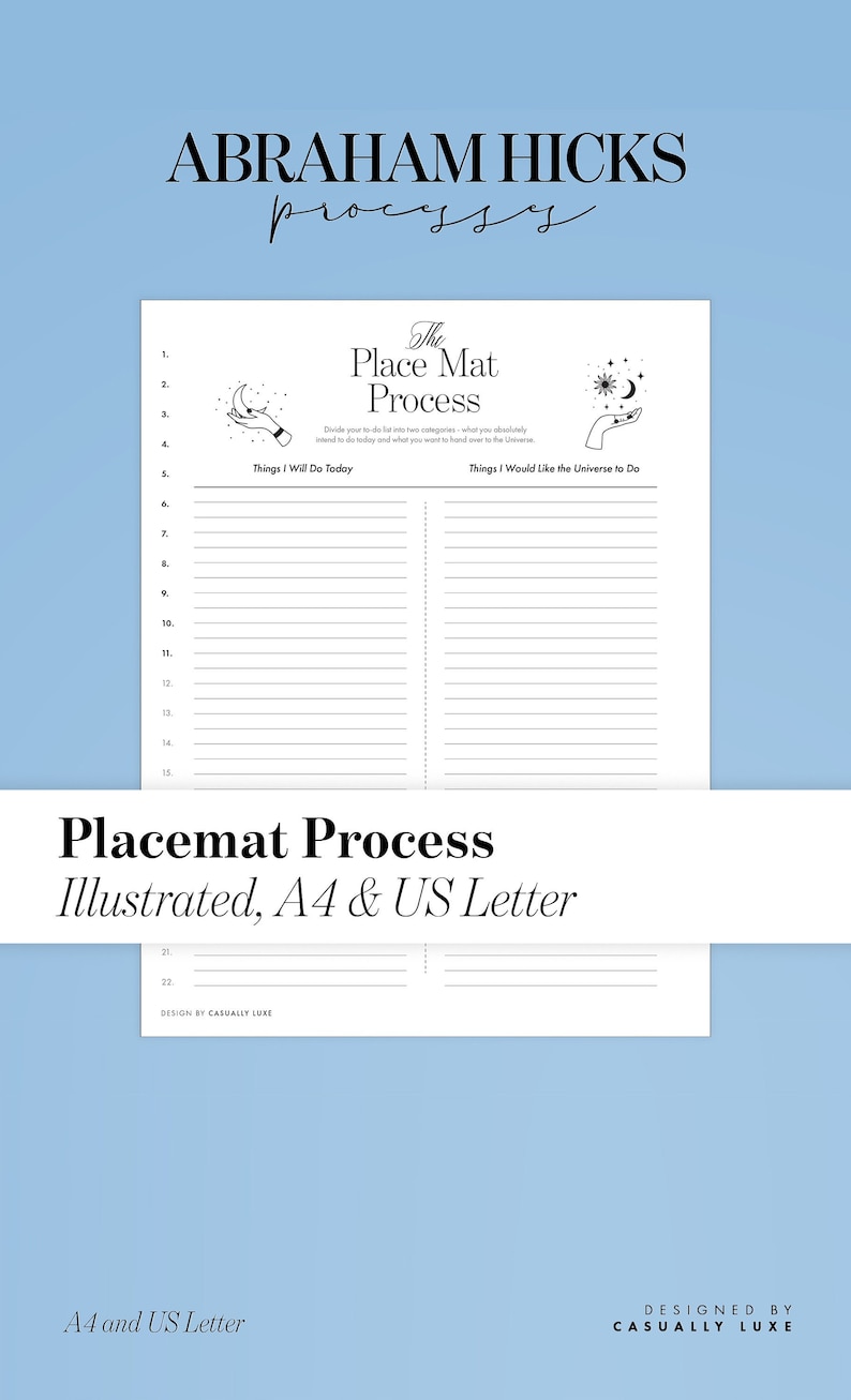 Pu&ograve; includere: Un foglio di lavoro stampabile intitolato "The Place Mat Process" con due colonne etichettate "Things I Will Do Today" e "Things I Would Like the Universe to Do". Il foglio di lavoro &egrave; progettato per aiutare gli utenti con il processo Abraham Hicks Place Mat.
