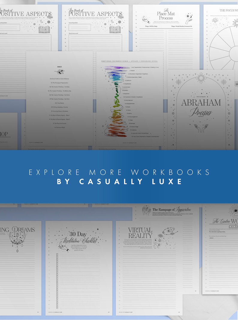 Pu&ograve; includere: Una collezione di quaderni di lavoro stampabili con un tema celeste. I quaderni includono titoli come "Il Libro degli Aspetti Positivi", "Processi di Abramo", "La Furia dell'Apprezzamento", "Realt&agrave; Virtuale", "Il Laboratorio Creativo", "Lista di Controllo della Meditazione di 30 Giorni", "La Ruota di Focus" e "Manifestare Sogni".