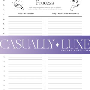 Pu&ograve; includere: Un foglio di lavoro stampabile con il titolo "The Place Mat Process". Il foglio di lavoro &egrave; diviso in due colonne, una etichettata "Things I Will Do Today" e l'altra etichettata "Things I Would Like the Universe to Do".