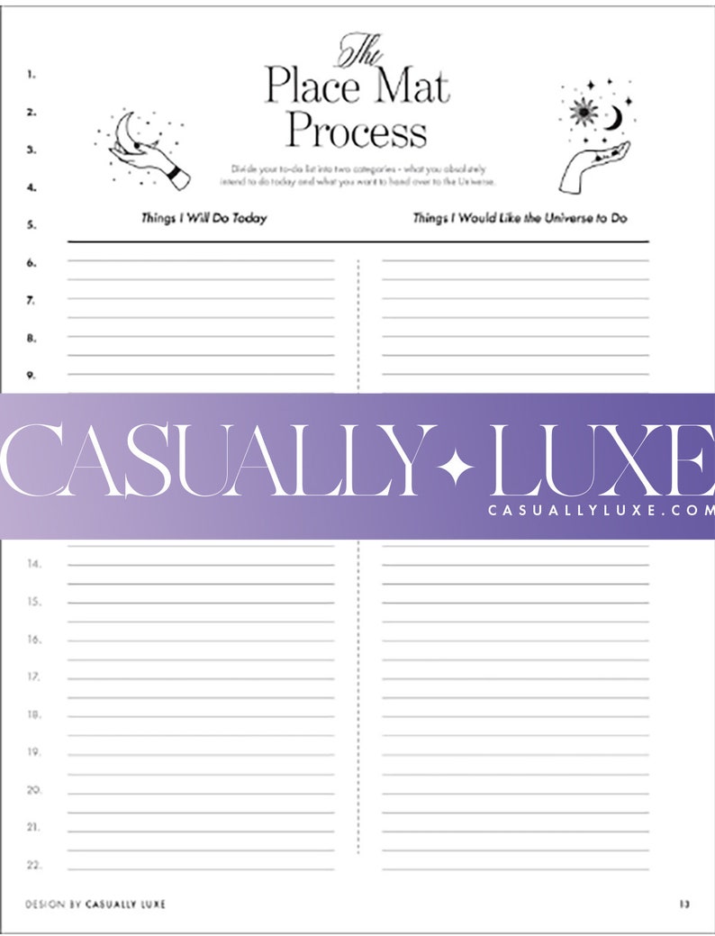 Pu&ograve; includere: Un foglio di lavoro stampabile con il titolo "The Place Mat Process". Il foglio di lavoro &egrave; diviso in due colonne, una etichettata "Things I Will Do Today" e l'altra etichettata "Things I Would Like the Universe to Do".