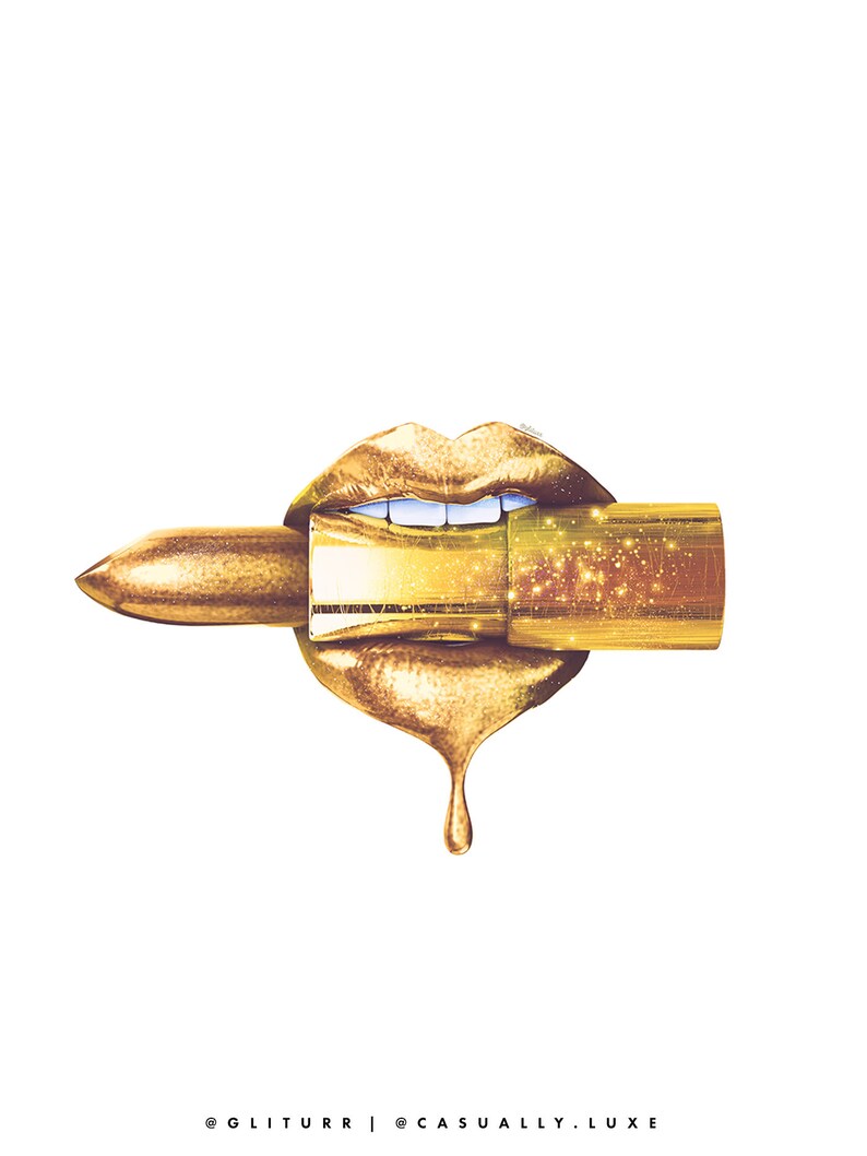Golden Lips Dripping Printable Poster, Lipstick Artwork, Makeup Fashion ...