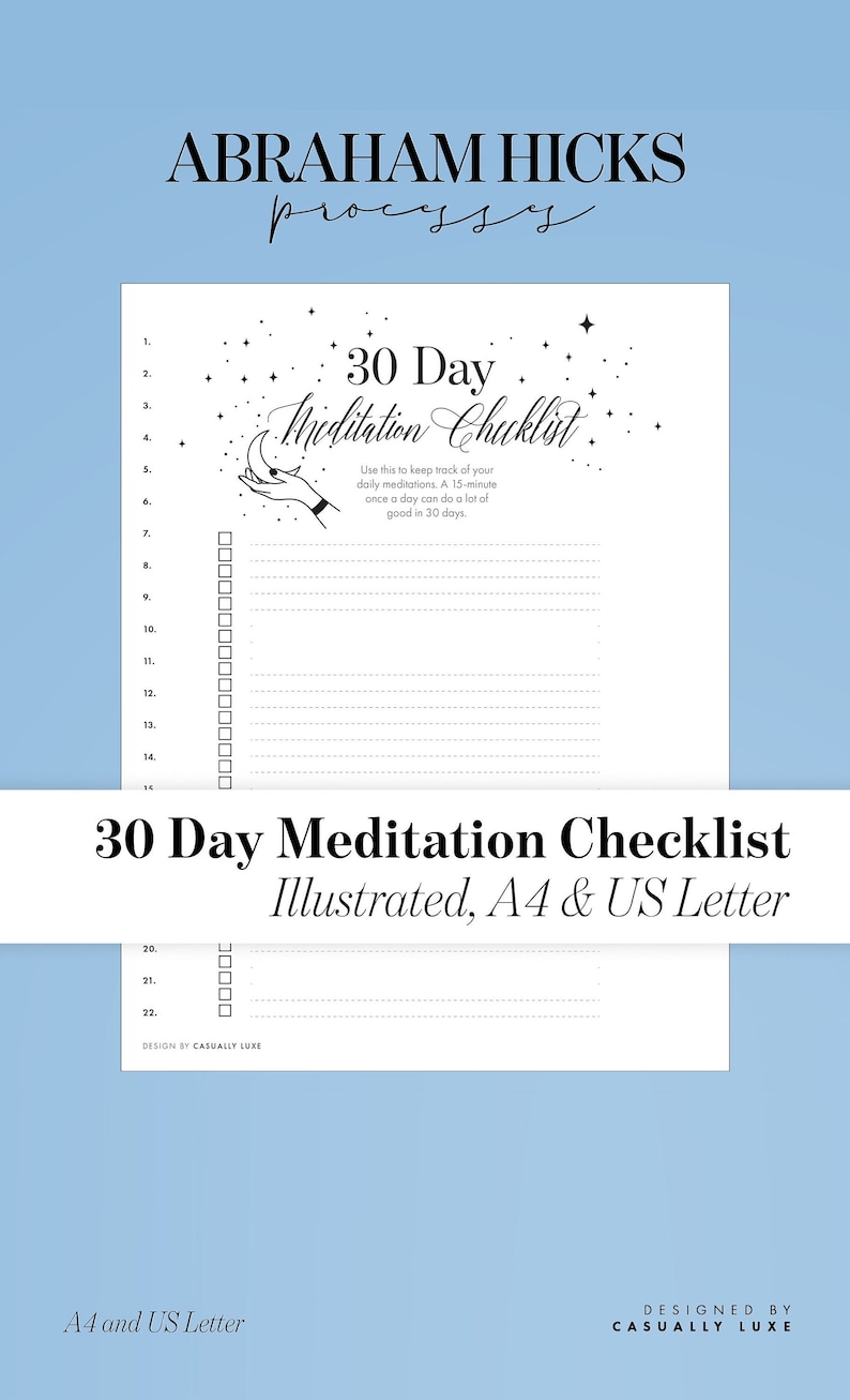 30 Day Meditation Checklist Abraham Hicks Printable Journal Template A4