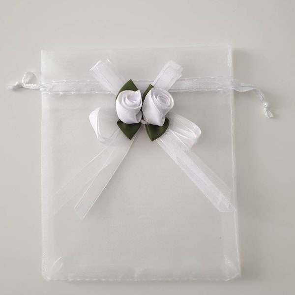 20 pezzi di sacchetti regalo in organza di rose bianche da 10 cm x 12 cm, sacchetti per bomboniere di matrimonio, sacchetti per gioielli con cordoncino per feste di matrimonio di Natale, sacchetti di caramelle