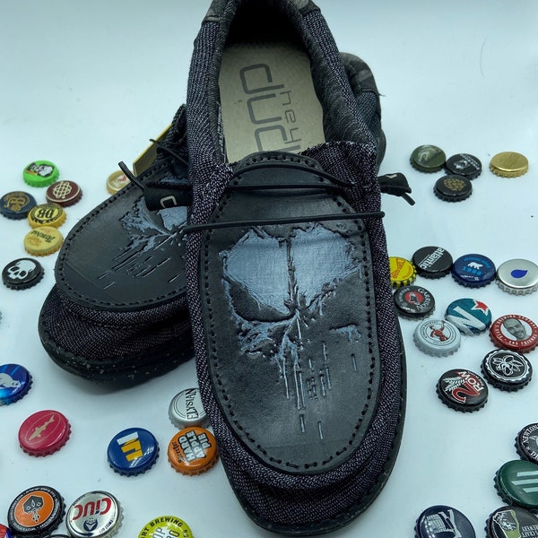 Custom Leather Top Hey Dude Shoes with Bottle Opener - Punisher