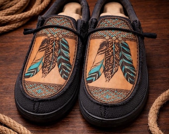 Custom Hey Dudes- Laser Engraved and Airbrushed Genuine Leather - Aztec Feather