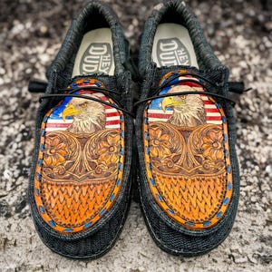 Custom Tooled and Laser Engraved Leather Hey Dude Shoes - American Eagle