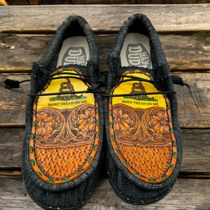 Custom Tooled and Laser Engraved Leather Hey Dude Shoes - Don’t Tread on Me