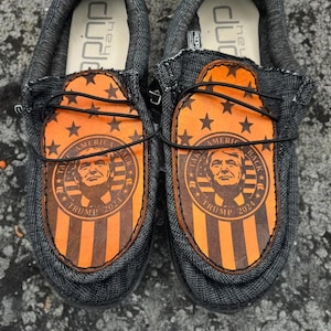 Custom Tooled and Laser Engraved Leather Hey Dude Shoes - Trump