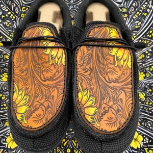 Custom Leather Top Hey Dudes - Tooled Sunflowers