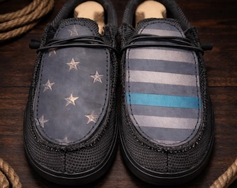 Custom Leather Top Hey Dudes- Back The Blue