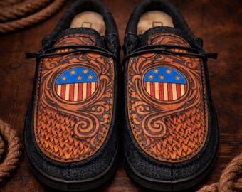Custom Leather Top Hey Dudes - Tooled American Flag