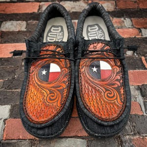 Custom Tooled and Laser Engraved Leather Hey Dude Shoes - Texas