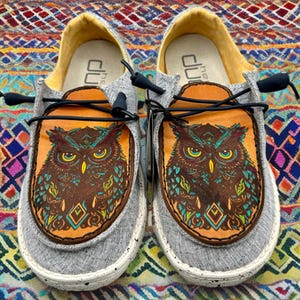 Custom Leather Top Hey Dudes - Painted Owl