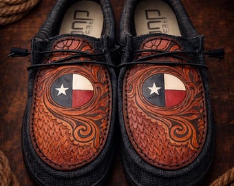 Leather Tooled Hey Dude Shoes: Floral Skull, Custom Western  display picture 3