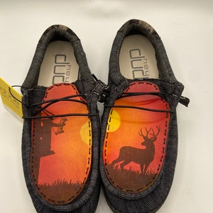 Custom Leather Top Hey Dude Shoes with Bottle Opener - Bow Hunting