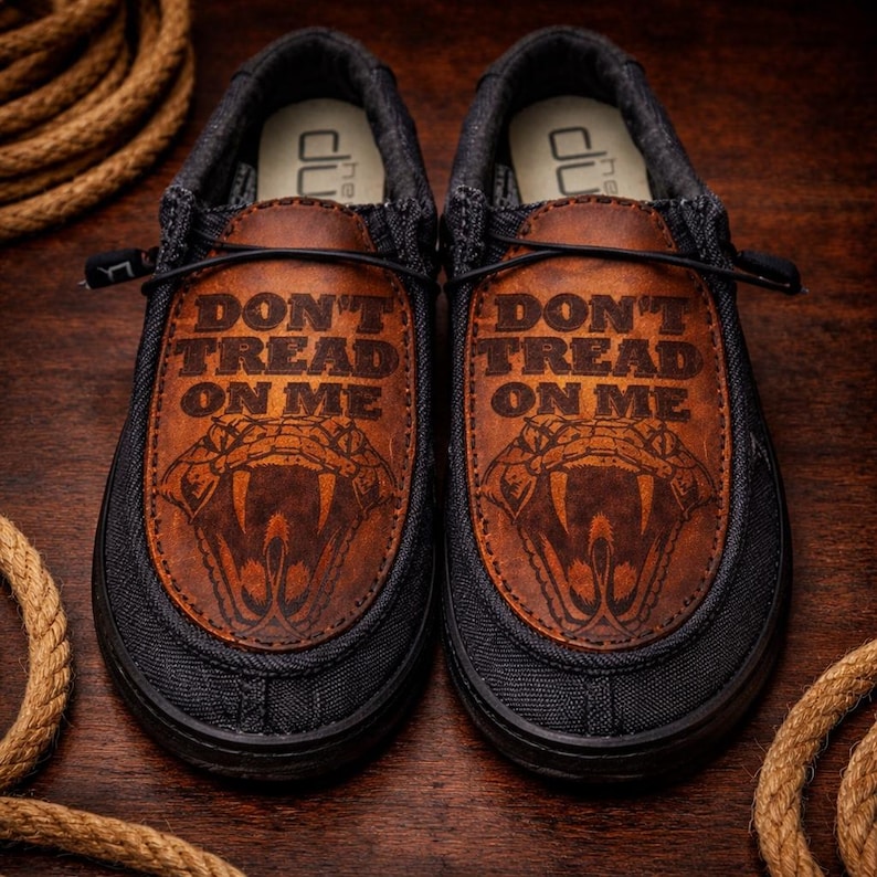 Custom Hey Dudes- Laser Engraved and Airbrushed Genuine Leather - Don't Tread On Me image 1