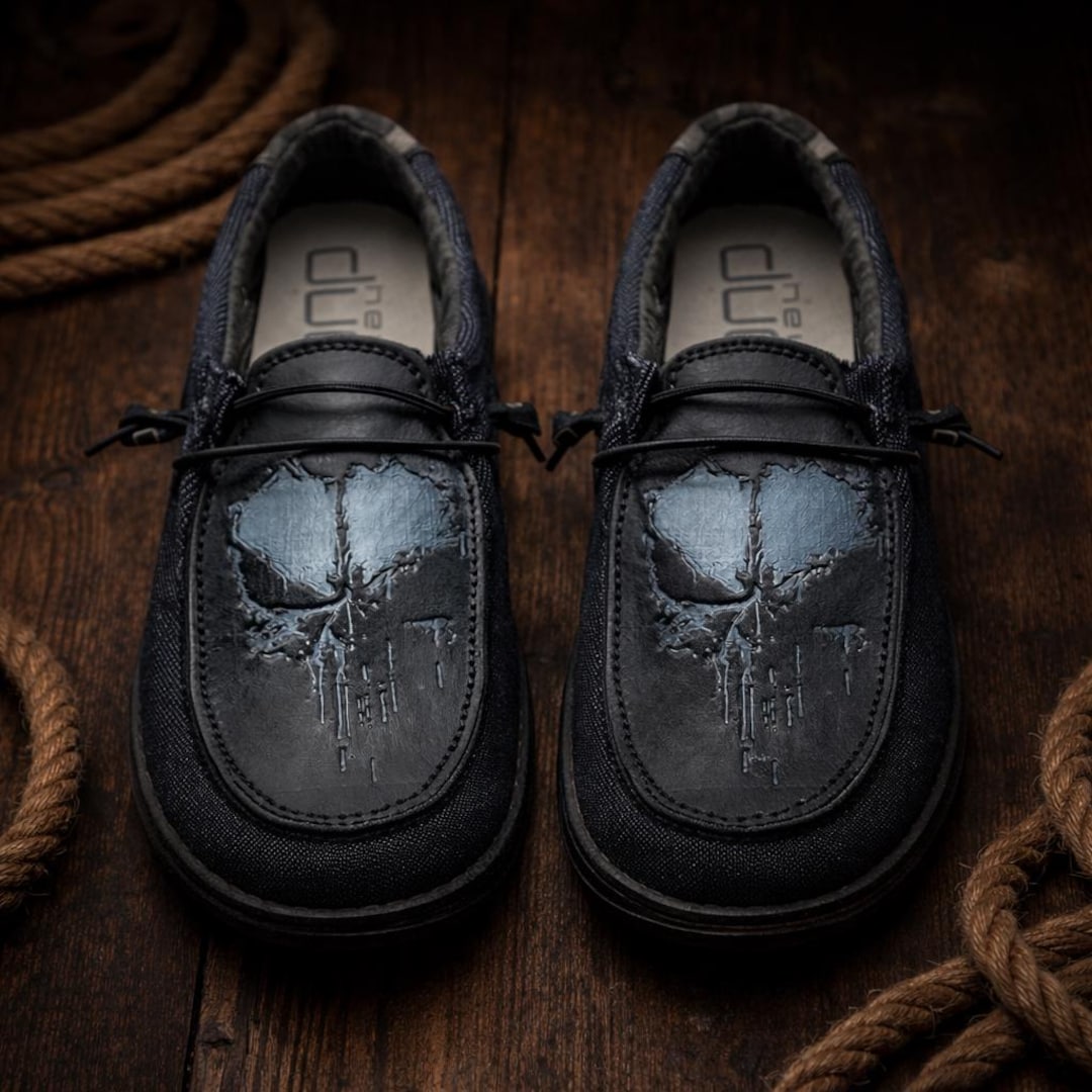 Custom Leather Top Hey Dude Shoes with Bottle Opener - Punisher Custom Leather Top Hey Dude Shoes with Bottle Opener - Punisher