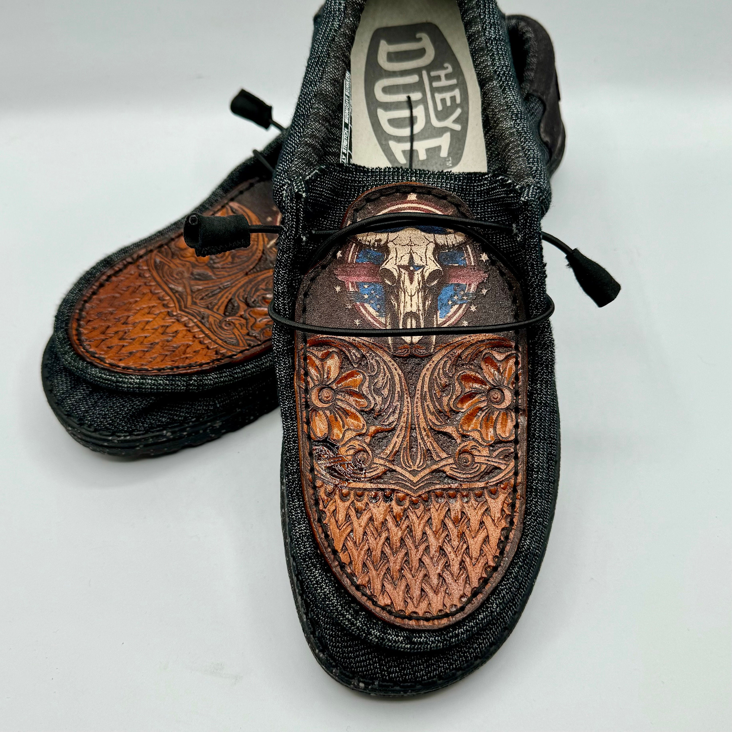 Custom Tooled and Laser Engraved Leather Hey Dude Shoes Custom Tooled and Laser Engraved Leather Hey Dude Shoes