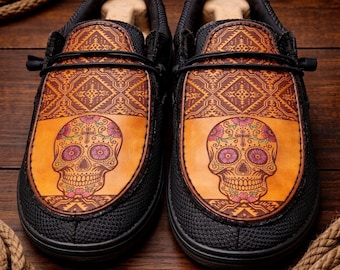Custom Leather Top Hey Dudes - Aztec Skull