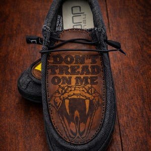 Custom Hey Dudes- Laser Engraved and Airbrushed Genuine Leather - Don't Tread On Me image 2
