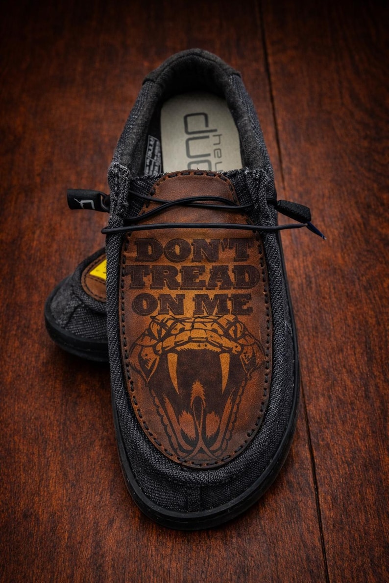 Custom Hey Dudes- Laser Engraved and Airbrushed Genuine Leather - Don't Tread On Me image 2