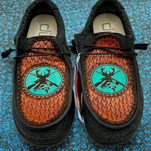 Custom Tooled and Laser Engraved Leather Hey Dude Shoes - Hunting and Fishing