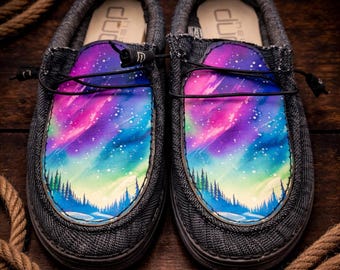 Custom Leather Top Hey Dudes - Aurora Borealis