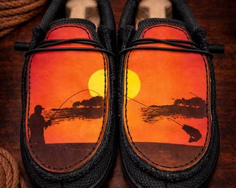 Custom Leather Top Hey Dudes - Fishing