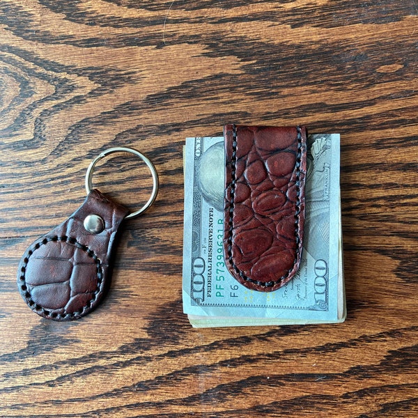 Custom Tooled and Airbrushed Genuine Leather Money Clip & Keyring Combo- Faux Alligator Skin (mahogany)