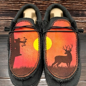 Custom Leather Top Hey Dude Shoes with Bottle Opener - Bow Hunting