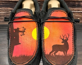 Custom Leather Top Hey Dude Shoes with Bottle Opener - Bow Hunting