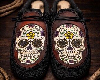 Custom Leather Top Hey Dudes- Sugar Skull