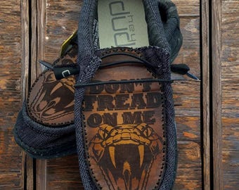 Custom Hey Dudes- Laser Engraved and Airbrushed Genuine Leather - Don&#39;t Tread On Me