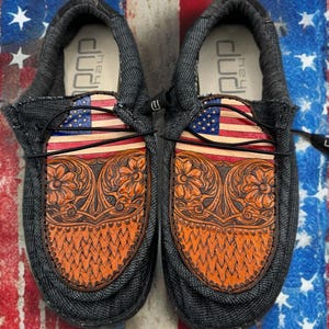 Custom Tooled and Laser Engraved Leather Hey Dude Shoes - America